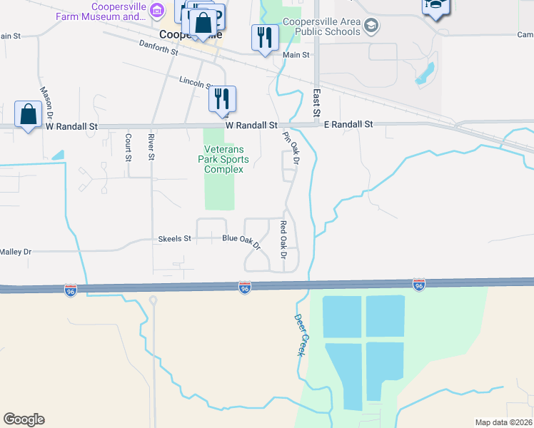 map of restaurants, bars, coffee shops, grocery stores, and more near 140 Emory Oak Drive in Coopersville