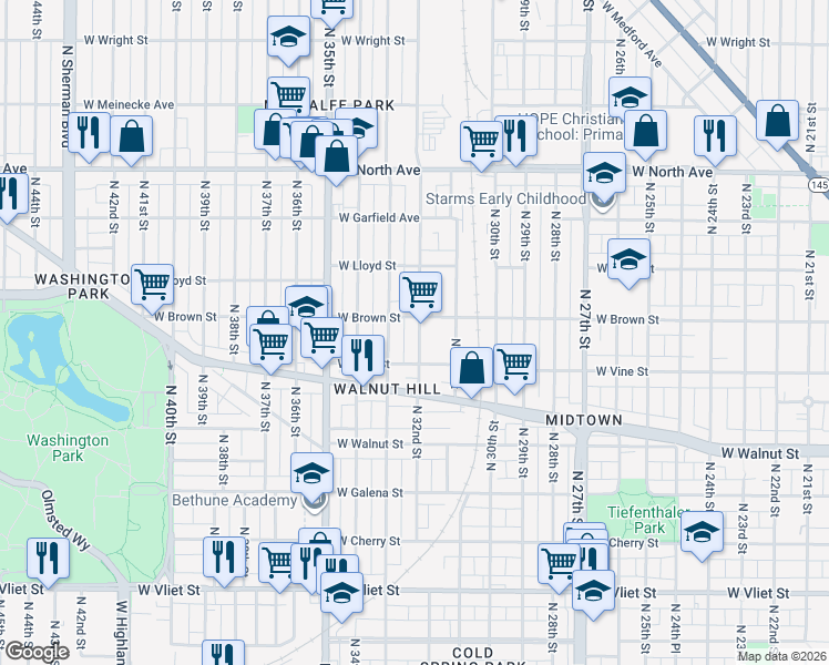 map of restaurants, bars, coffee shops, grocery stores, and more near 1937 North 32nd Street in Milwaukee