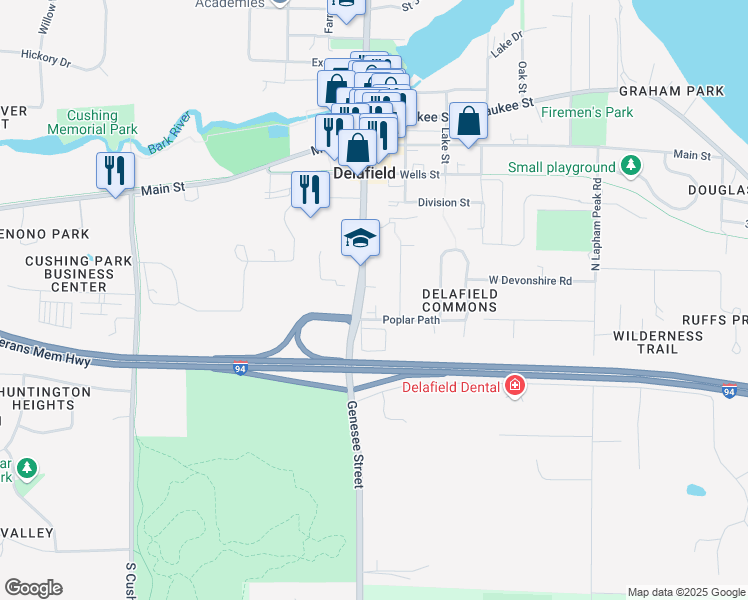 map of restaurants, bars, coffee shops, grocery stores, and more near 124 Genesee Street in Delafield