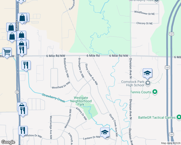 map of restaurants, bars, coffee shops, grocery stores, and more near 5094 Stony Creek Avenue Northwest in Comstock Park