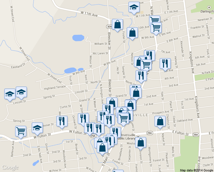 map of restaurants, bars, coffee shops, grocery stores, and more near 161 Bleecker St in Gloversville