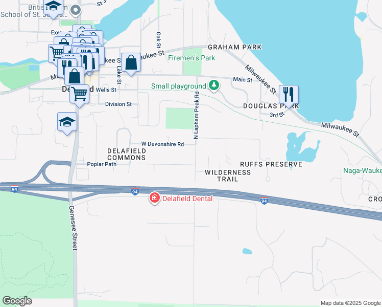 map of restaurants, bars, coffee shops, grocery stores, and more near 127 N Lapham Peak Rd in Delafield