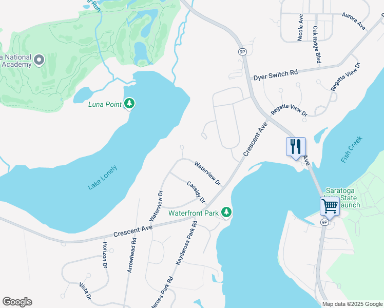 map of restaurants, bars, coffee shops, grocery stores, and more near 51 Waterview Drive in Saratoga Springs