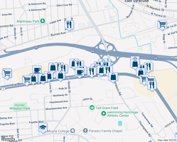 map of restaurants, bars, coffee shops, grocery stores, and more near 2947-61 Erie Boulevard East in Syracuse