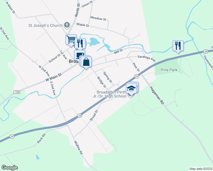 map of restaurants, bars, coffee shops, grocery stores, and more near 62 Bridge Street in Broadalbin