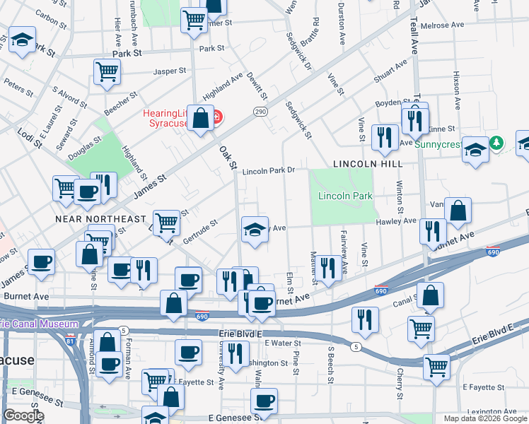 map of restaurants, bars, coffee shops, grocery stores, and more near 409 Elm Street in Syracuse