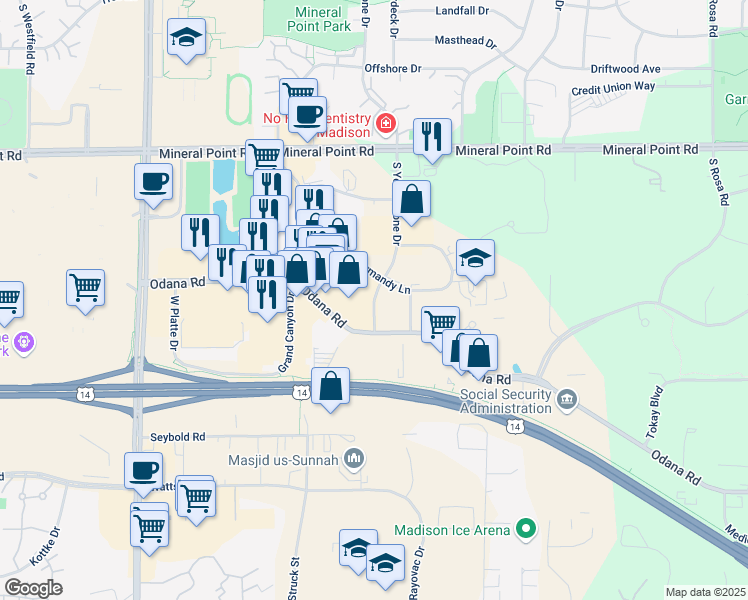 map of restaurants, bars, coffee shops, grocery stores, and more near 522 South Yellowstone Drive in Madison