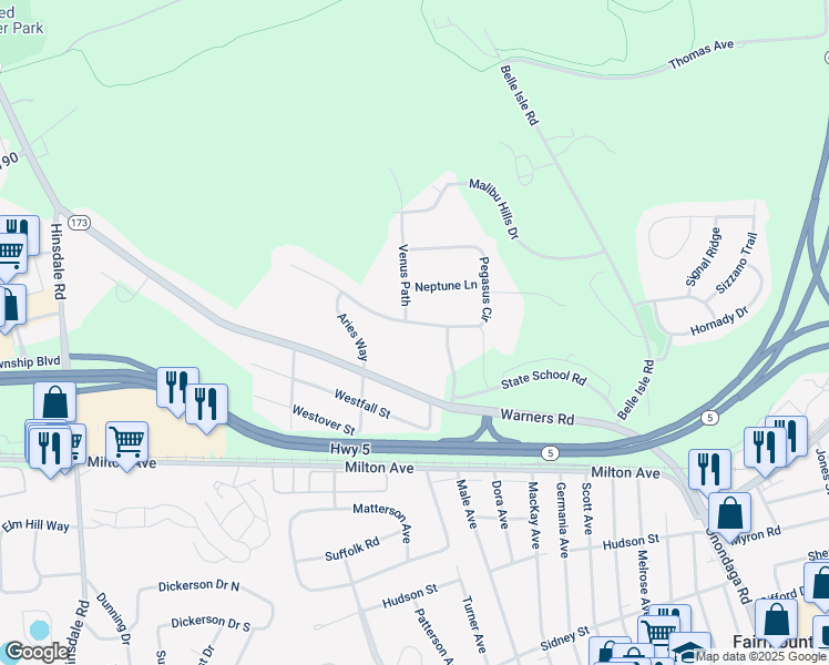 map of restaurants, bars, coffee shops, grocery stores, and more near 3779 Pegasus Circle in Syracuse
