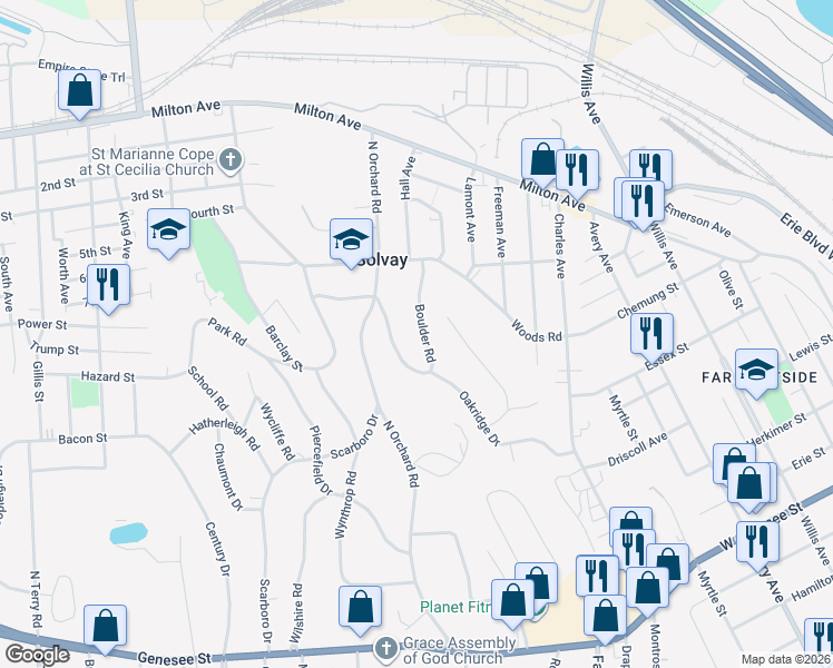 map of restaurants, bars, coffee shops, grocery stores, and more near 128 Boulder Road in Syracuse