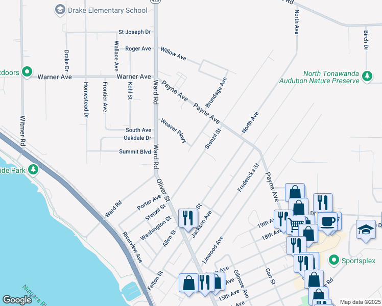 map of restaurants, bars, coffee shops, grocery stores, and more near 95 Community Drive in North Tonawanda