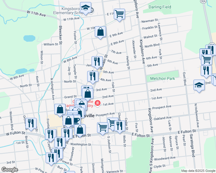 map of restaurants, bars, coffee shops, grocery stores, and more near 35 3rd Avenue in Gloversville