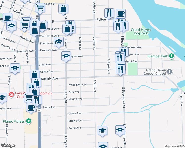 map of restaurants, bars, coffee shops, grocery stores, and more near 511 South Griffin Street in Grand Haven