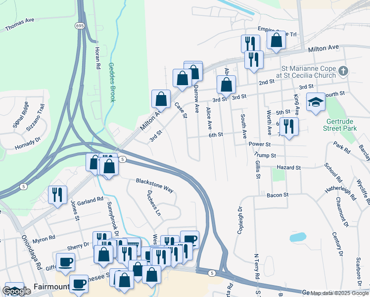 map of restaurants, bars, coffee shops, grocery stores, and more near 308 Case Street in Syracuse