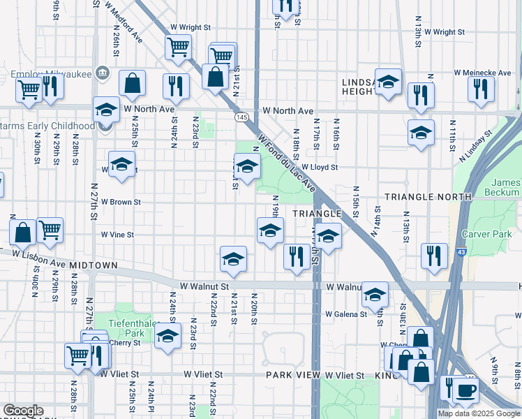 map of restaurants, bars, coffee shops, grocery stores, and more near 1950 North 20th Street in Milwaukee