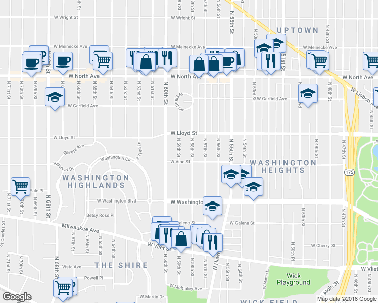map of restaurants, bars, coffee shops, grocery stores, and more near 1927 North 58th Street in Milwaukee