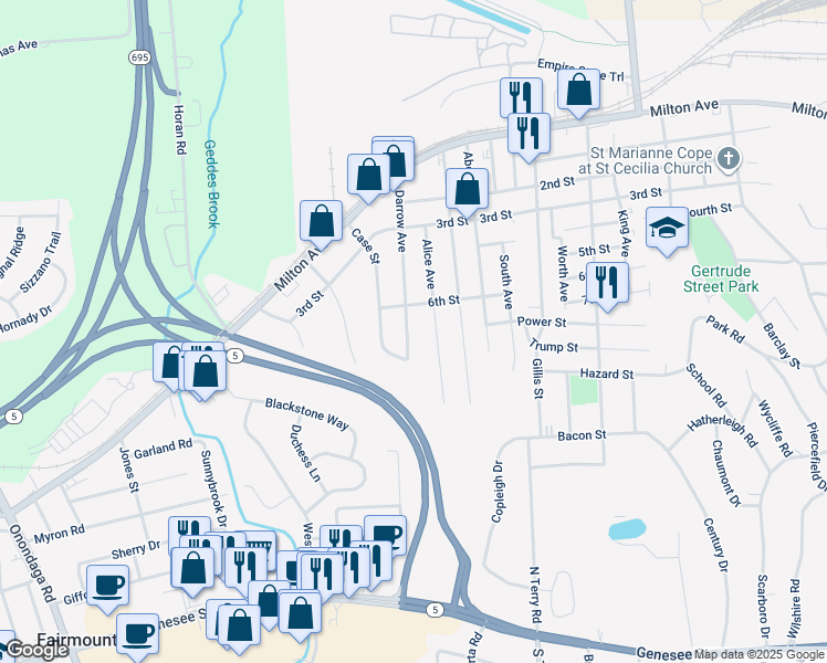map of restaurants, bars, coffee shops, grocery stores, and more near 413 Darrow Avenue in Solvay