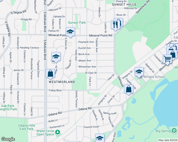 map of restaurants, bars, coffee shops, grocery stores, and more near 533 Westmorland Boulevard in Madison