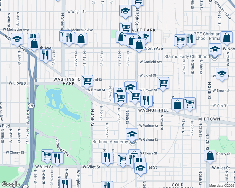 map of restaurants, bars, coffee shops, grocery stores, and more near 1951A North 37th Street in Milwaukee