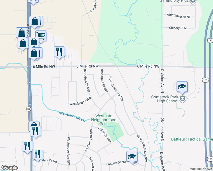 map of restaurants, bars, coffee shops, grocery stores, and more near 5072 Brookgate Drive Northwest in Comstock Park
