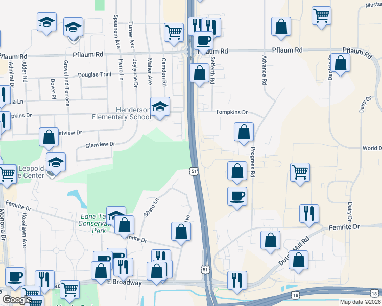 map of restaurants, bars, coffee shops, grocery stores, and more near 2540 South Stoughton Road in Madison