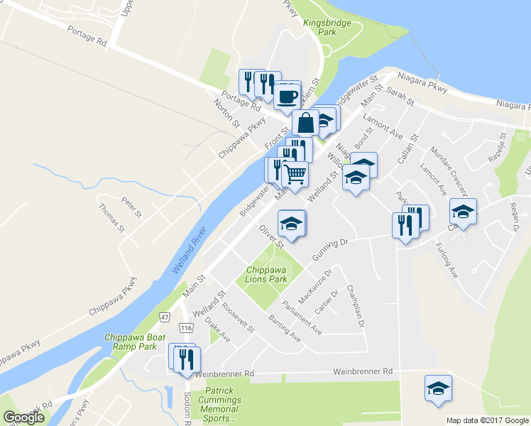 map of restaurants, bars, coffee shops, grocery stores, and more near 3938 Main Street in Niagara Falls