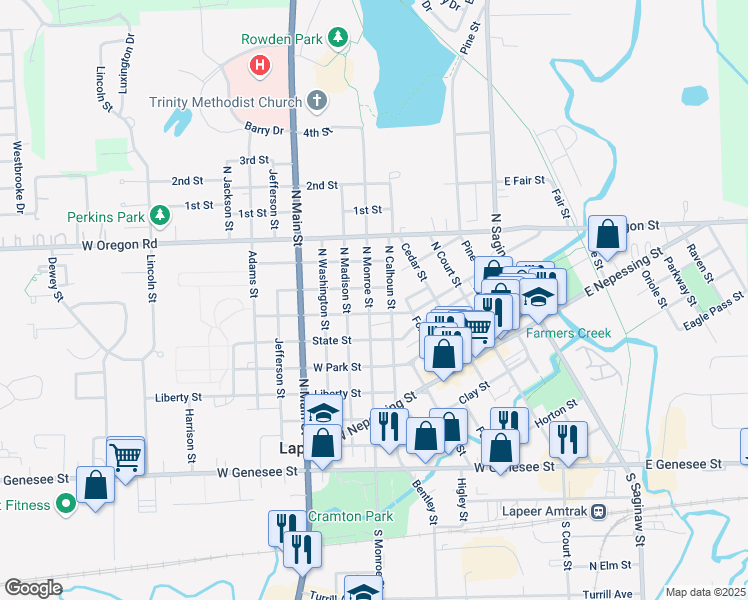 map of restaurants, bars, coffee shops, grocery stores, and more near 726 North Monroe Street in Lapeer