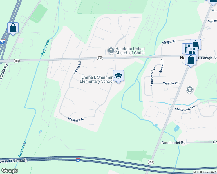 map of restaurants, bars, coffee shops, grocery stores, and more near 43 Authors Avenue in Henrietta