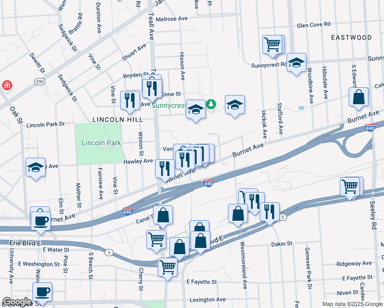 map of restaurants, bars, coffee shops, grocery stores, and more near 318 Greenway Avenue in Syracuse