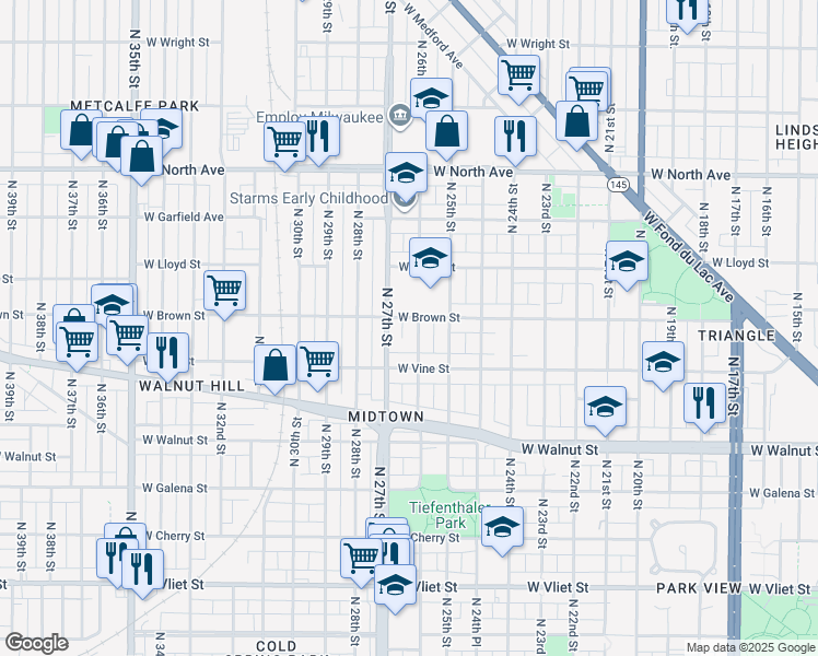 map of restaurants, bars, coffee shops, grocery stores, and more near 1951 North 26th Street in Milwaukee