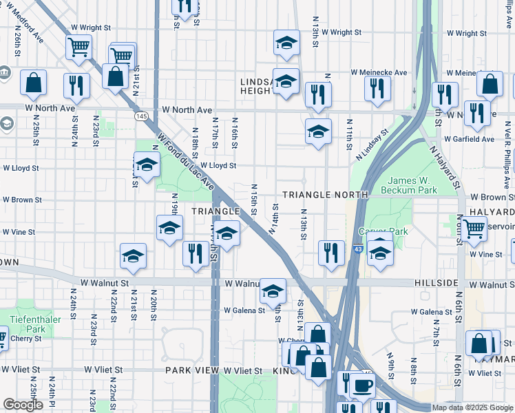 map of restaurants, bars, coffee shops, grocery stores, and more near 1932 North 15th Street in Milwaukee
