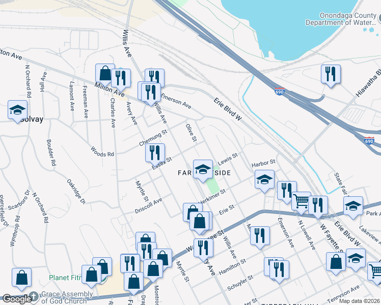 map of restaurants, bars, coffee shops, grocery stores, and more near 119 Essex Street in Syracuse