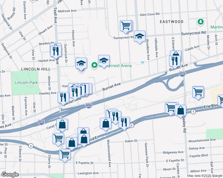 map of restaurants, bars, coffee shops, grocery stores, and more near 1616-18 Burnet Ave in Syracuse