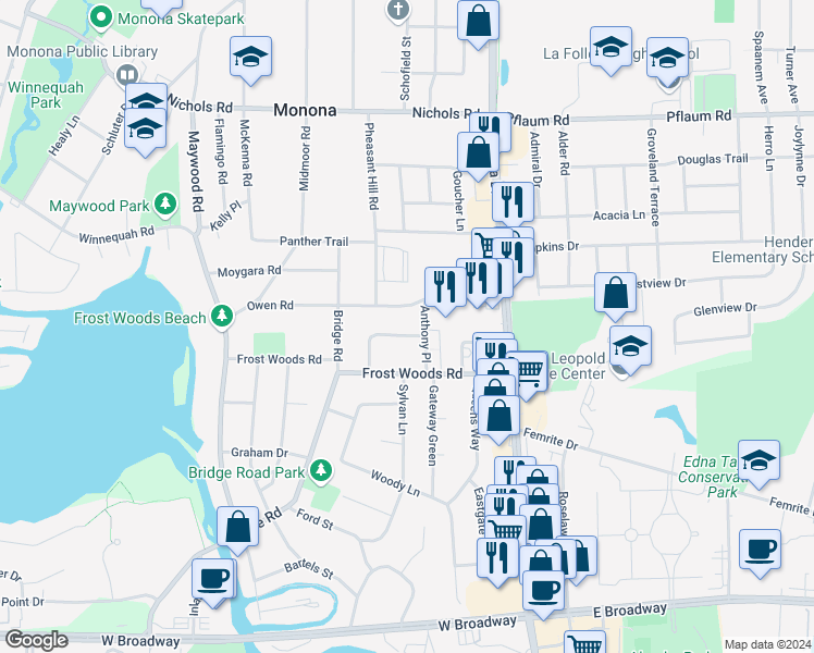 map of restaurants, bars, coffee shops, grocery stores, and more near 305 Cardinal Crescent in Monona
