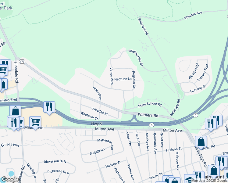 map of restaurants, bars, coffee shops, grocery stores, and more near 3779 Pegasus Cir in Syracuse