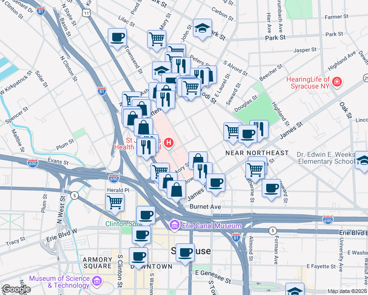 map of restaurants, bars, coffee shops, grocery stores, and more near 508 North Townsend Street in Syracuse