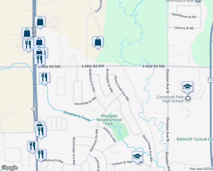 map of restaurants, bars, coffee shops, grocery stores, and more near 5072 Brookgate Drive Northwest in Comstock Park