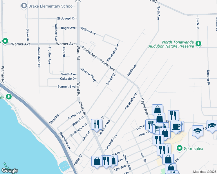 map of restaurants, bars, coffee shops, grocery stores, and more near 263 Stenzil Street in North Tonawanda