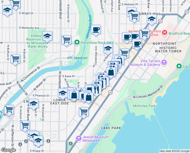 map of restaurants, bars, coffee shops, grocery stores, and more near 1503 East Kane Place in Milwaukee