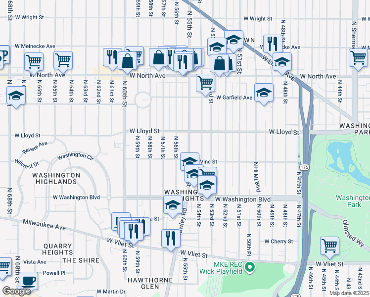 map of restaurants, bars, coffee shops, grocery stores, and more near 2003 North 55th Street in Milwaukee
