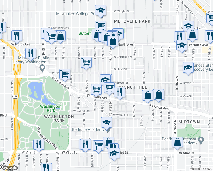 map of restaurants, bars, coffee shops, grocery stores, and more near 1960 North 36th Street in Milwaukee