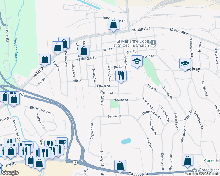 map of restaurants, bars, coffee shops, grocery stores, and more near 213 Power St in Syracuse