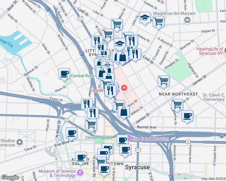 map of restaurants, bars, coffee shops, grocery stores, and more near 524 North State Street in Syracuse