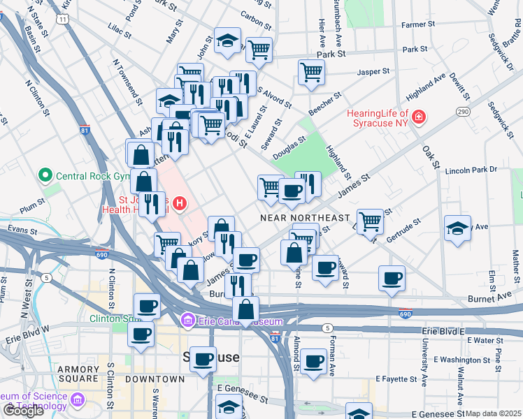map of restaurants, bars, coffee shops, grocery stores, and more near 501 Catherine Street in Syracuse