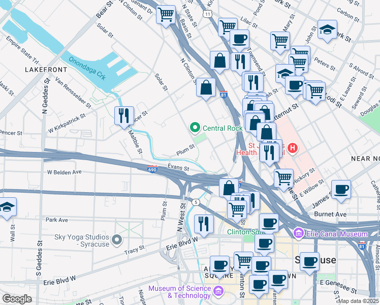 map of restaurants, bars, coffee shops, grocery stores, and more near 516 Plum Street in Syracuse