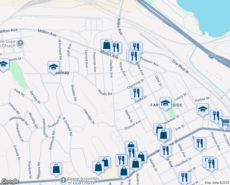 map of restaurants, bars, coffee shops, grocery stores, and more near in Solvay