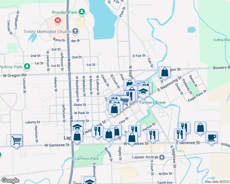 map of restaurants, bars, coffee shops, grocery stores, and more near 244 Law Street in Lapeer