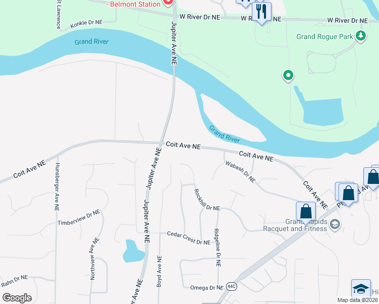 map of restaurants, bars, coffee shops, grocery stores, and more near 5550 Coit Avenue Northeast in Grand Rapids