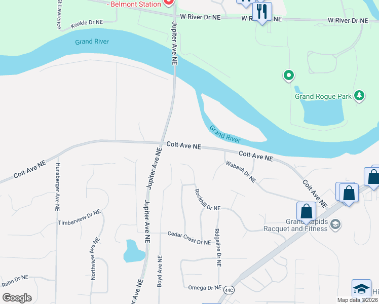 map of restaurants, bars, coffee shops, grocery stores, and more near 5550 Coit Avenue Northeast in Grand Rapids