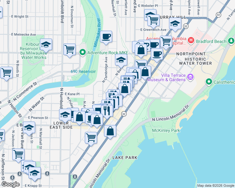 map of restaurants, bars, coffee shops, grocery stores, and more near in Milwaukee