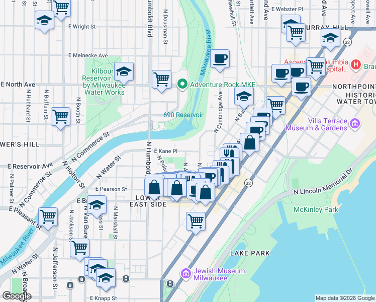 map of restaurants, bars, coffee shops, grocery stores, and more near 1327 East Kane Place in Milwaukee